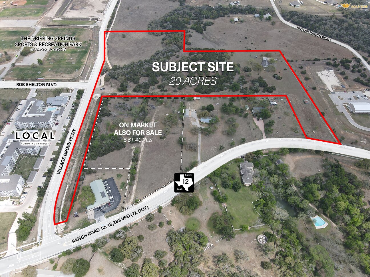 26700 Ranch Road 12 Dripping Springs, TX 78620 - Photo 4 of 8 Aerial Map. Outlining the subject property and an additional 5.61-acre parcel, with surrounding area features and road data
