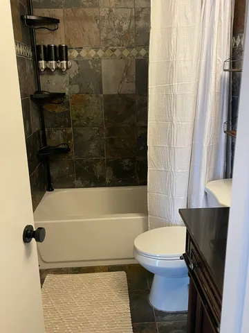 a bathroom with a toilet and a bathtub