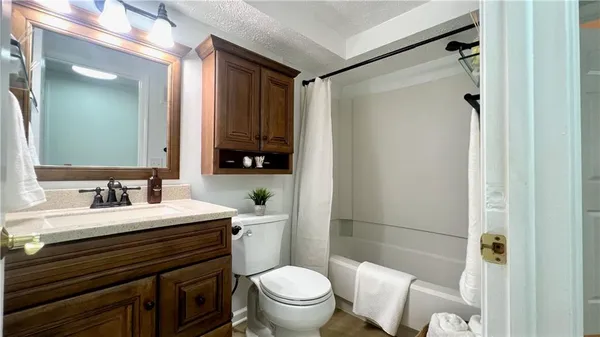 a bathroom with a sink a toilet a mirror and shower
