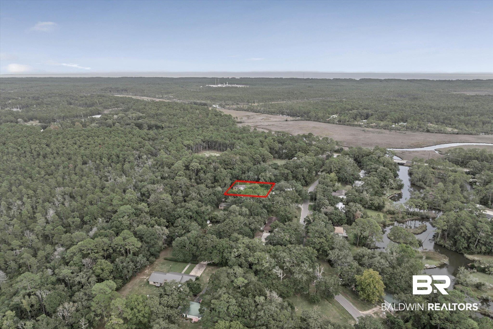 14165 River Oaks Road, Unit A & B Coden, AL 36523 - Photo 30 of 35 Aerial view of property and surrounding area featuring a forest and property boundaries highlighted
