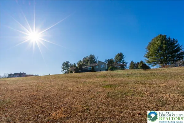 a view of a field with trees in the background