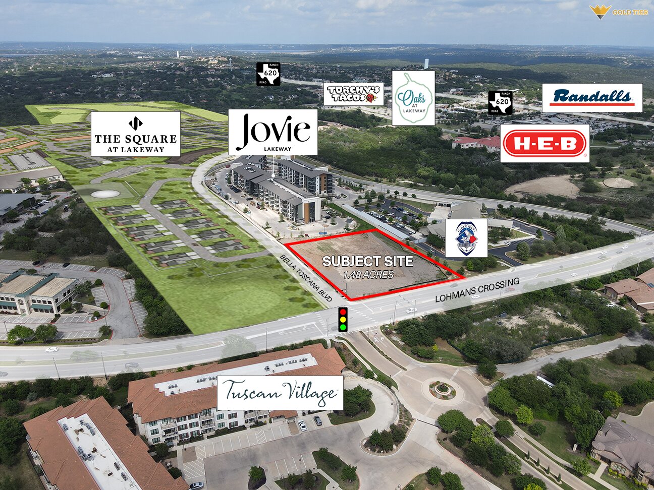 Aerial Site Plan. Identifying the property boundaries, adjacent commercial entities, and transportation infrastructure