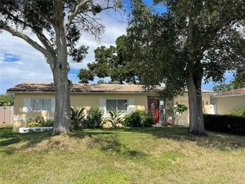 front view of house with potted plants and a large tree