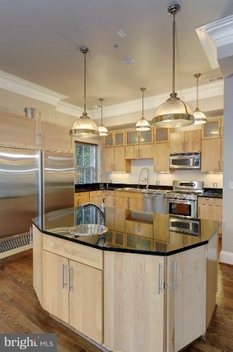 1219 Q Street Northwest Washington, DC 20009 - Photo 16 of 25 a kitchen with stainless steel appliances granite countertop a sink a refrigerator and a stove