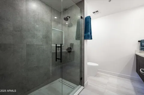 a bathroom with a shower and toilet