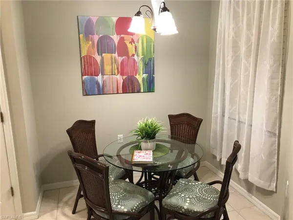 a view of a dining room with furniture and window