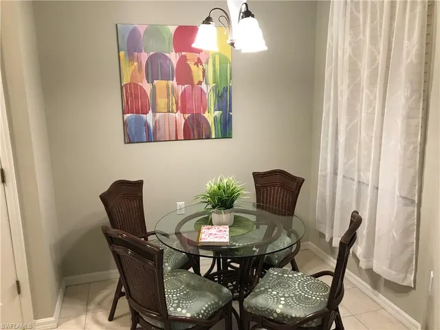 a view of a dining room with furniture and window