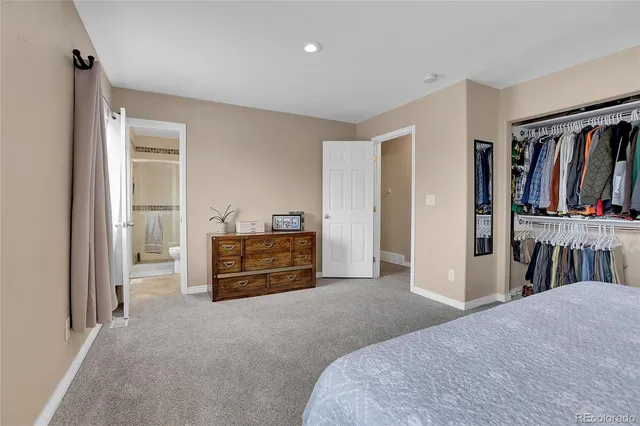 a view of a bedroom with furniture and closet
