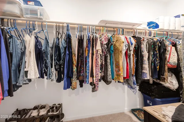 a view of walk in closet with clothes and shoes