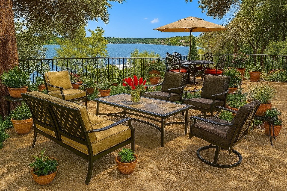 25048 River Road Spicewood, TX 78669 - Photo 23 of 33 Virtual staging - Concrete patio above dock and river