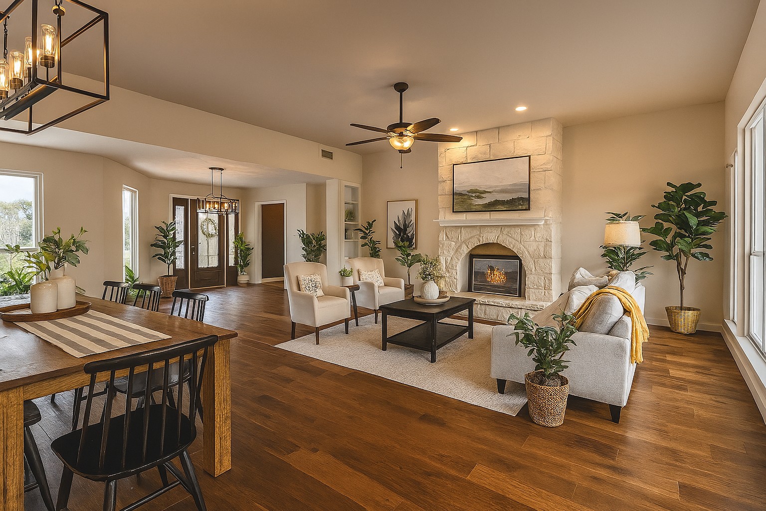25048 River Road Spicewood, TX 78669 - Photo 3 of 33 Virtual staging-Living area with dark wood-type flooring.