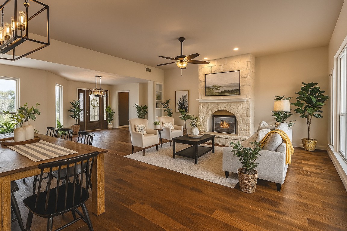 25048 River Road Spicewood, TX 78669 - Photo 3 of 33 Virtual staging-Living area with dark wood-type flooring.
