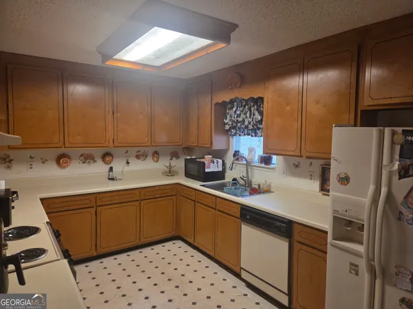 a kitchen with a sink appliances and cabinets