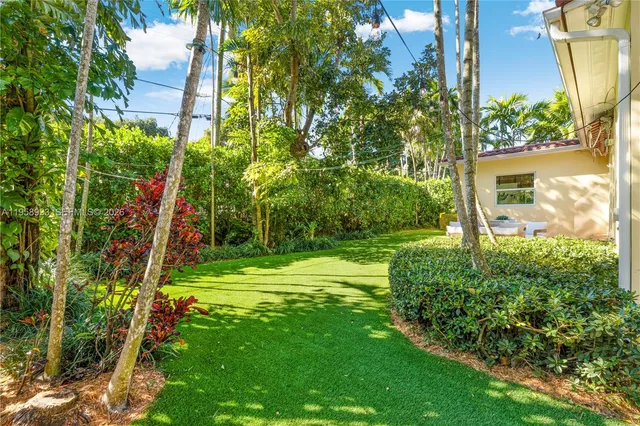 a view of a park with large trees