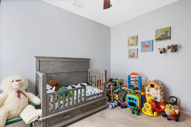 an aerial view of a house with a garden