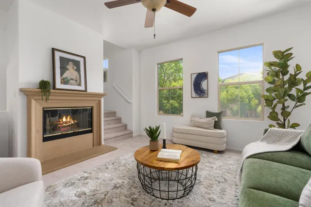 a living room with furniture and a fireplace