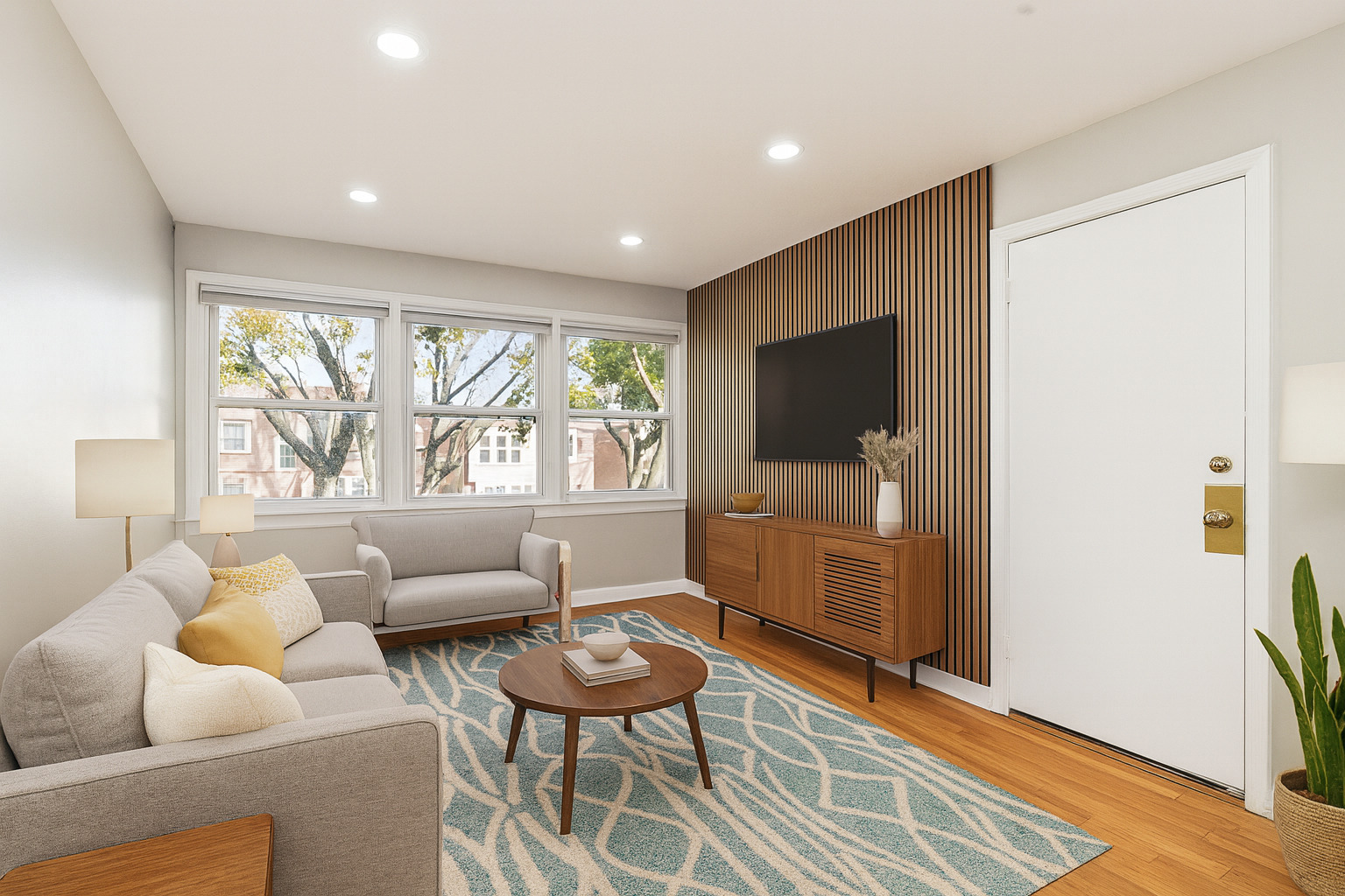 2645 West Gregory Street, Unit 2W Chicago, IL 60625 - Photo 2 of 9 a living room with furniture and a flat screen tv