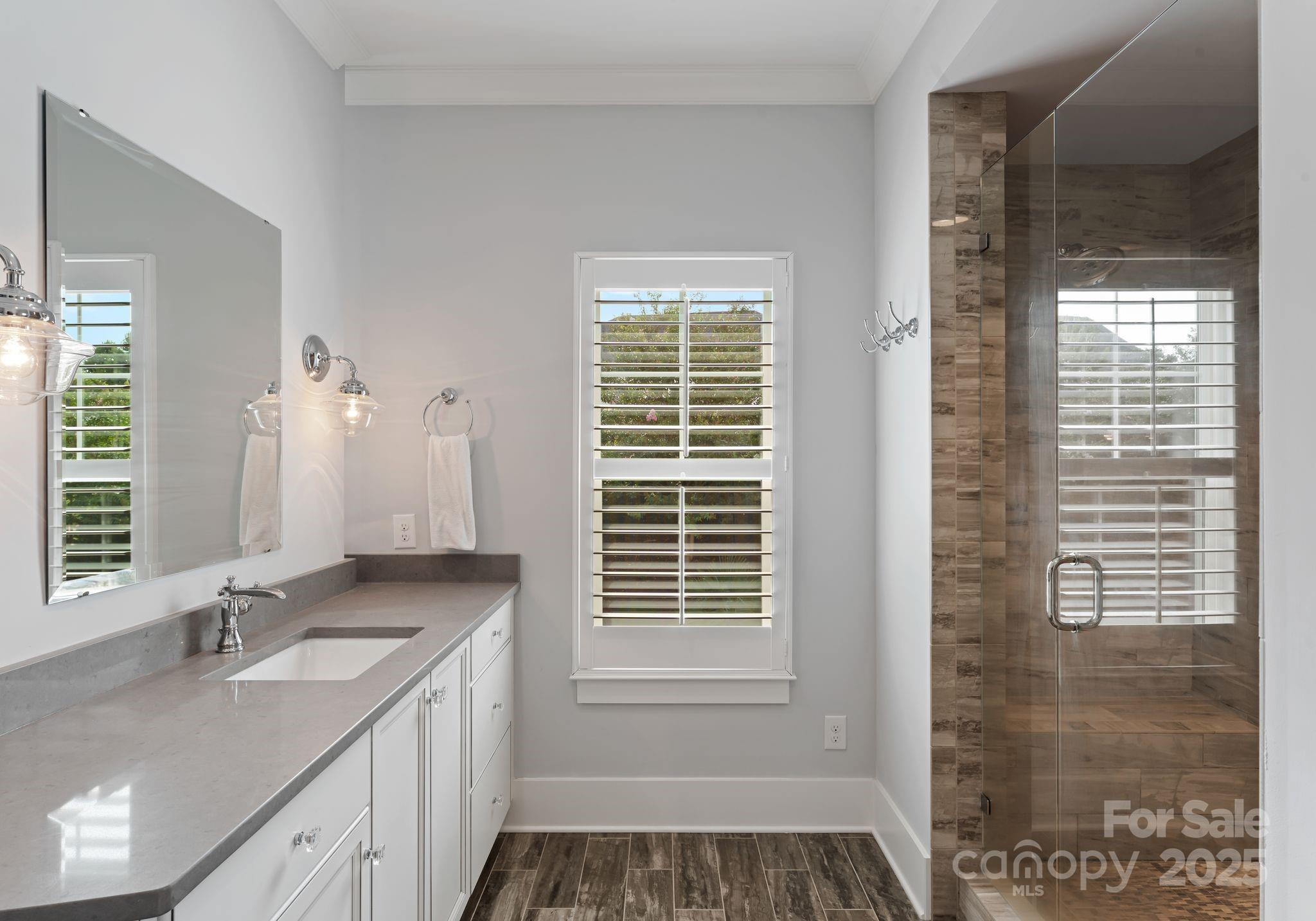 9043 Golden Rock Lane Huntersville, NC 28078 - Photo 34 of 48 a bathroom with a sink a mirror and a shower