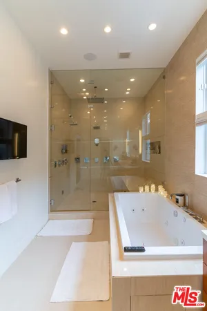 a bathroom with a bathtub and a shower