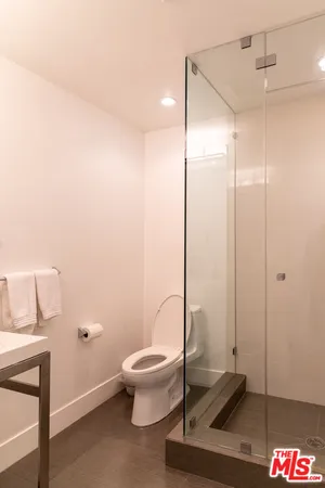 a bathroom with a toilet and a shower
