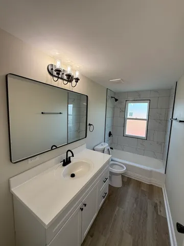 a bathroom with a sink a toilet and mirror