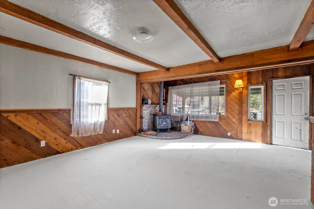 a view of a hallway with a large bed