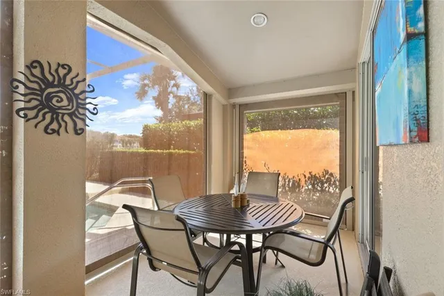 a view of a dining room with furniture window and outside view