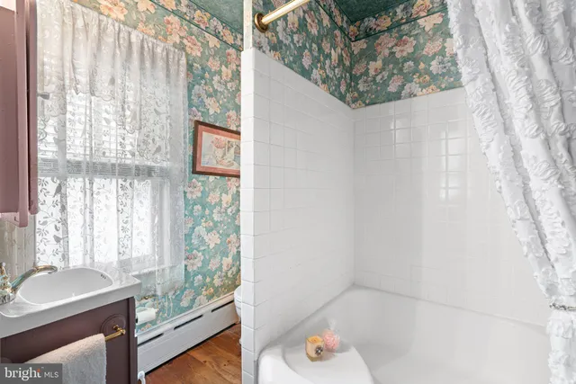 a bathroom with a sink a mirror and a shower