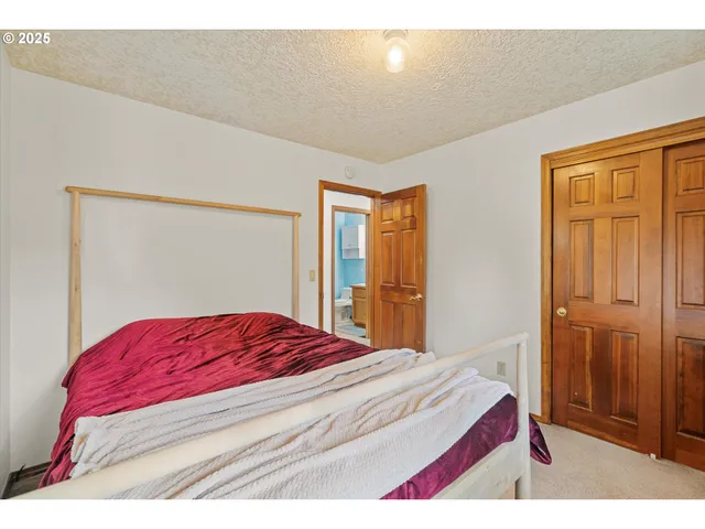 a bedroom with a bed and a closet