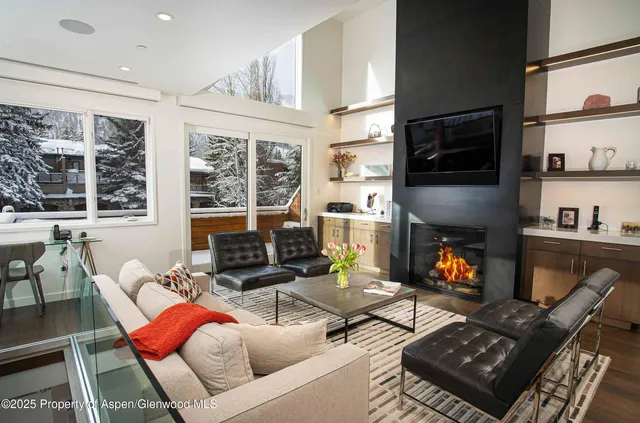 a living room with furniture a fireplace and a floor to ceiling window