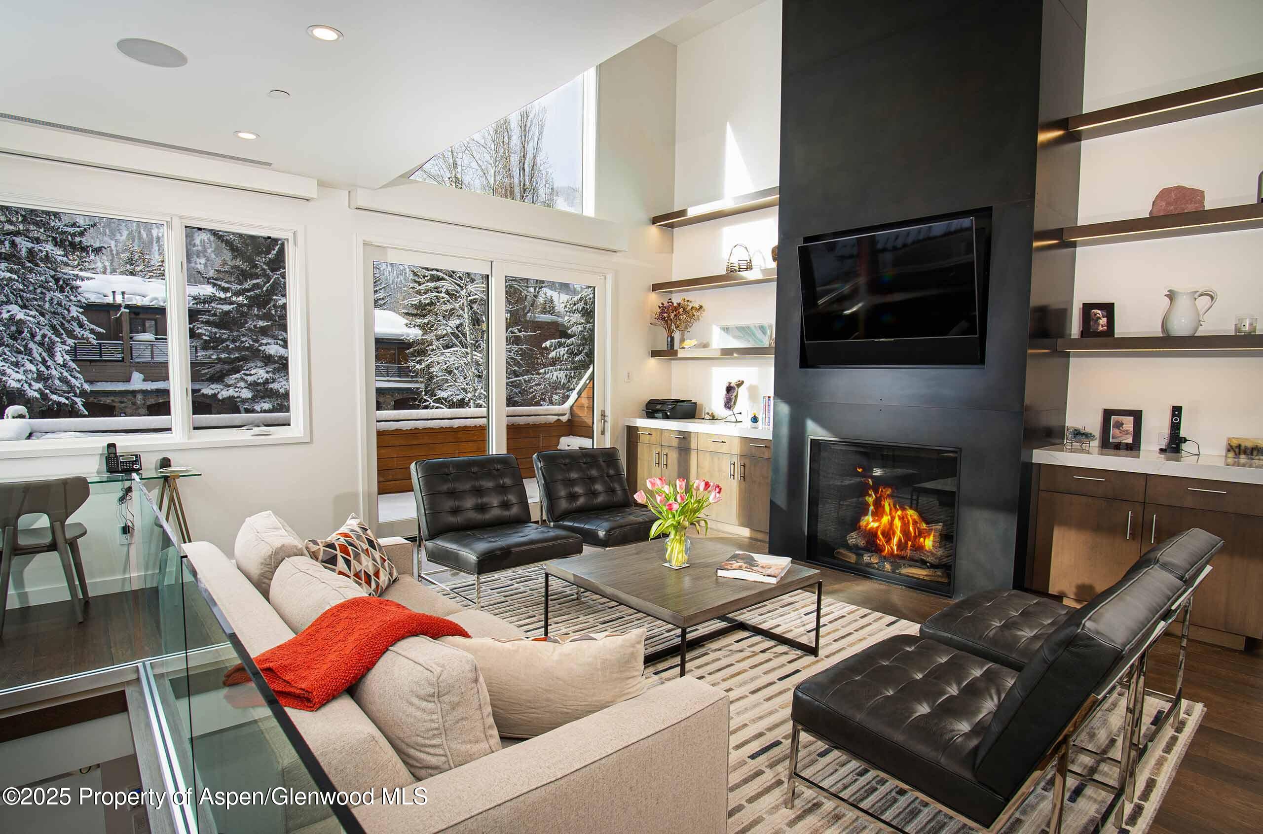 1018 East Hyman Avenue, Unit 1 Aspen, CO 81611 - Photo 2 of 28 a living room with furniture a fireplace and a floor to ceiling window