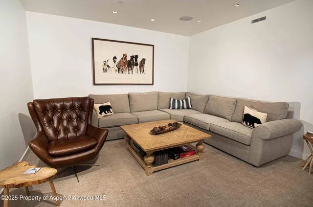 a living room with furniture and a rug