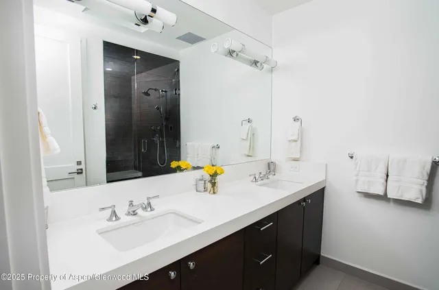 a bathroom with a sink double vanity and a mirror