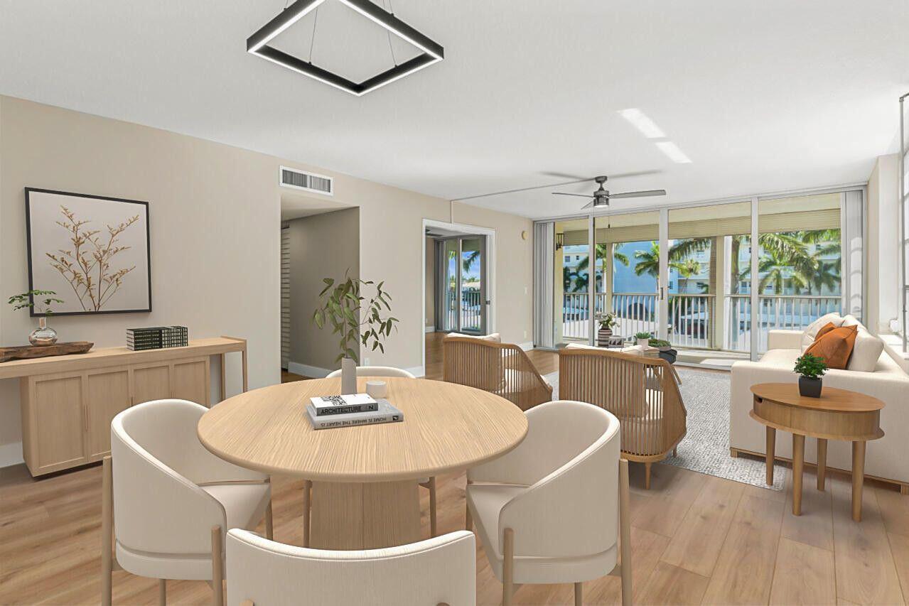 1 Harbourside Drive, Unit 1301 Delray Beach, FL 33483 - Photo 10 of 13 a dining room with furniture a chandelier and wooden floor