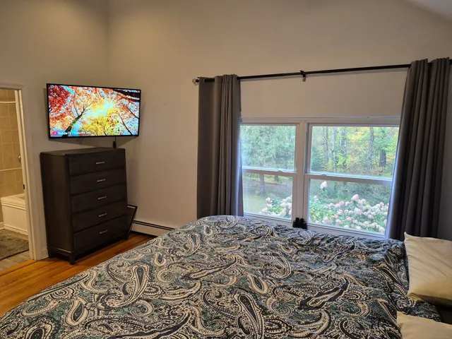 a bedroom with a bed and a flat screen tv