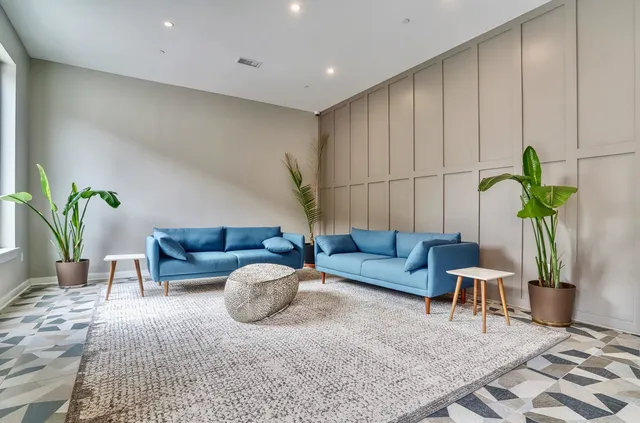 a living room with furniture and a potted plant