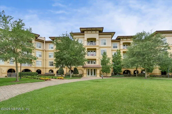 a building view with a garden space