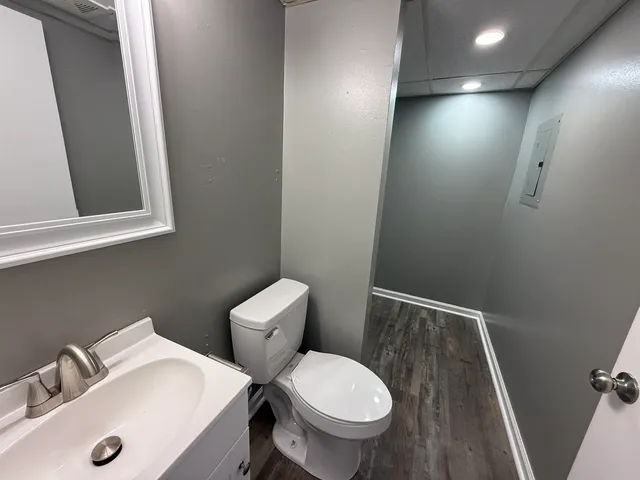 a bathroom with a toilet sink and mirror