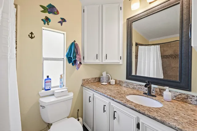a bathroom with a granite countertop sink a toilet and a mirror