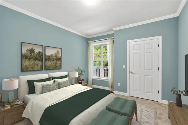 a bedroom with a large bed and a window