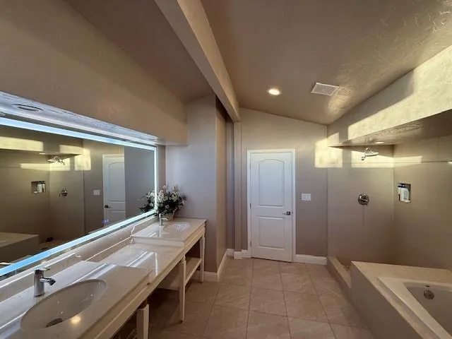 a bathroom with a granite countertop sink a large mirror and a shower
