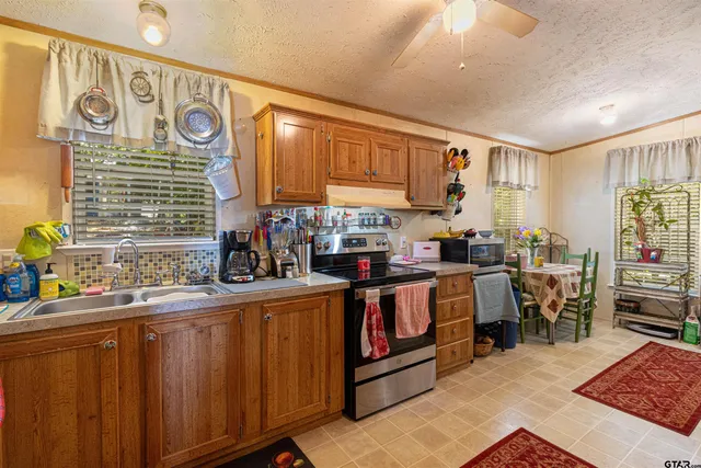 a view of a yard with plants and trees