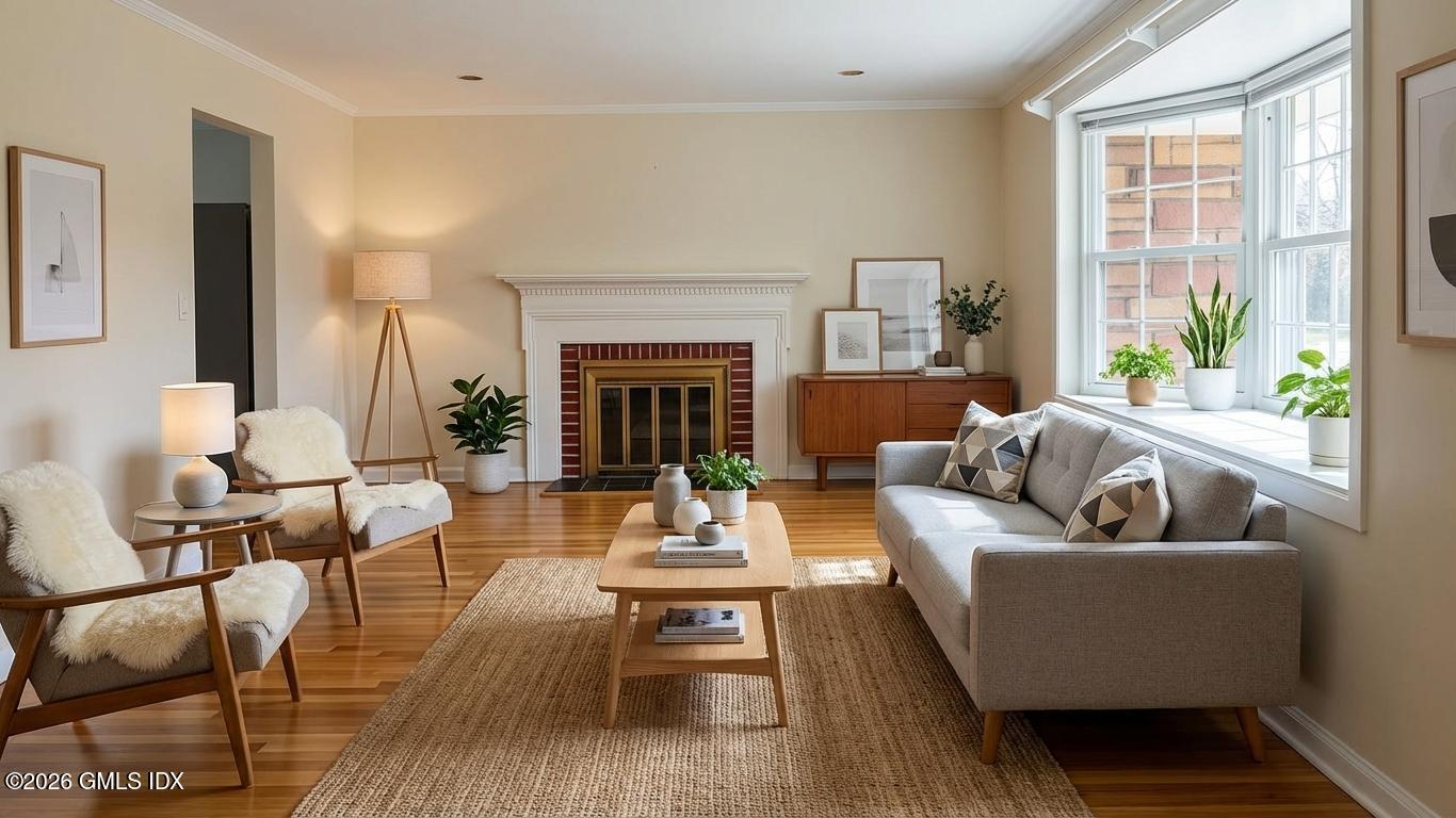 45 Sound Beach Ave Extension Riverside, CT 06878 - Photo 2 of 11 a living room with furniture and a fireplace