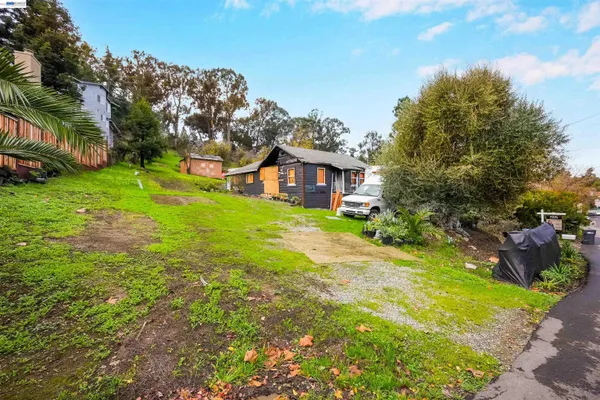 a view of a house with a big yard plants and large trees