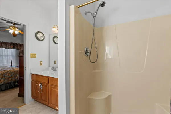 a bathroom with a shower a sink and a mirror