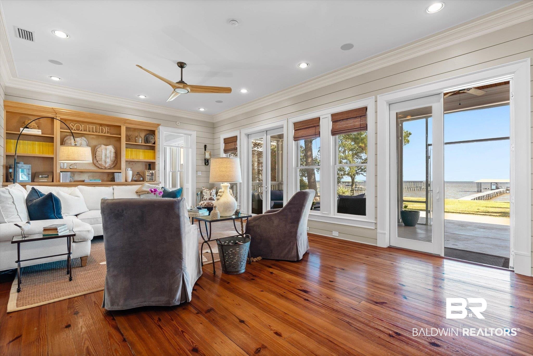 7015 Bay Road Mobile, AL 36605 - Photo 12 of 53 Living room featuring a ceiling fan, hardwood / wood-style floors, crown molding, and recessed lighting