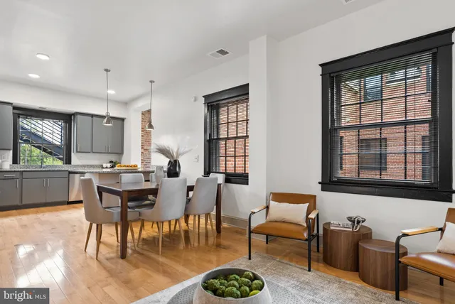 a view of a dining room with furniture