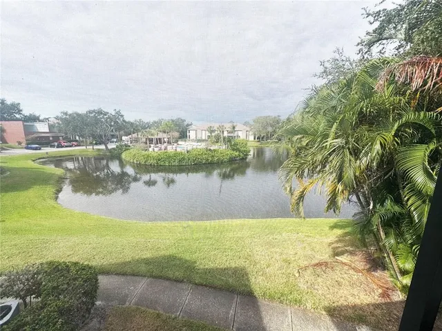 a view of a lake with a big yard