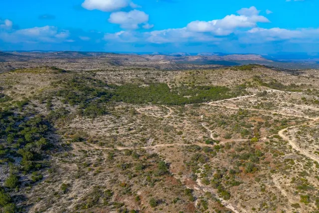 a view of a dry field with mountains in the background