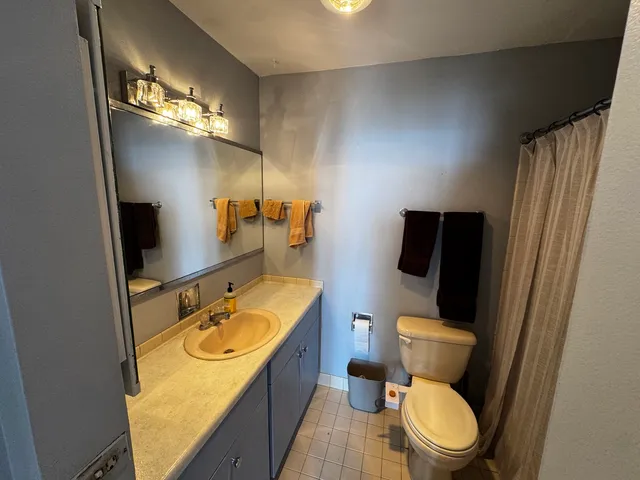 a bathroom with a sink a toilet a mirror and vanity